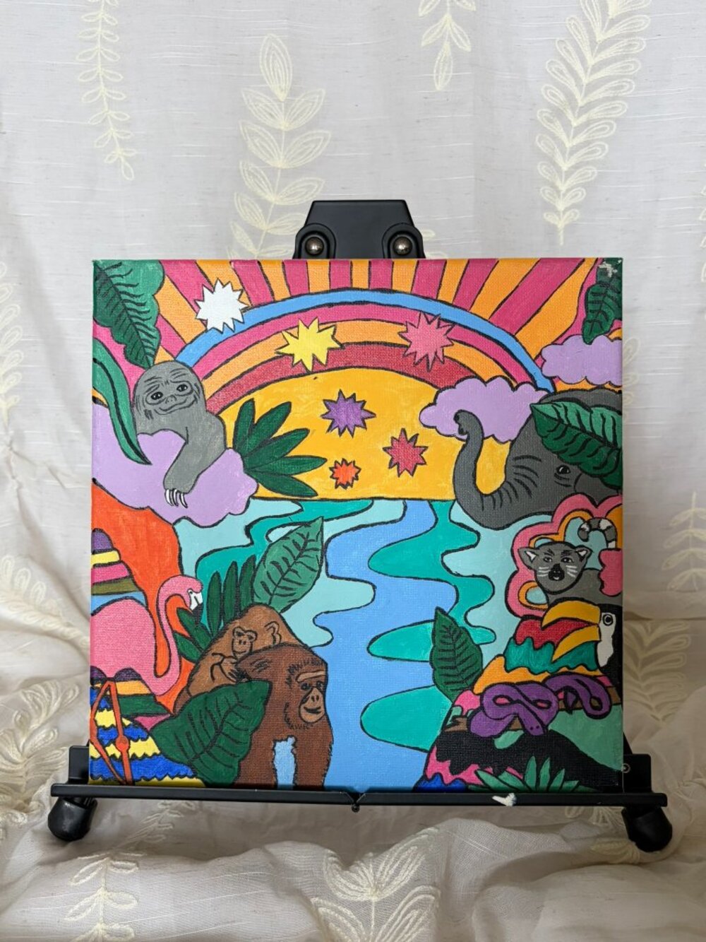 Hand Painted Colorful Jungle Animal Acrylic Canvas 12x12